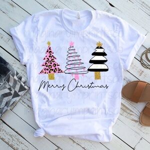 Gildan White Merry Christmas T-Shirt with Pink and Black Trees